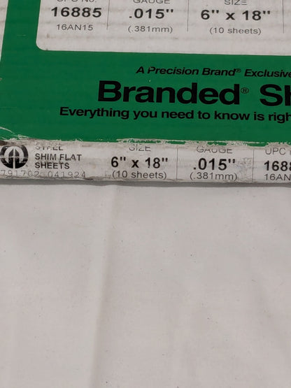 PRECISION BRAND Shim Stock: 0.015'' Thick, 18'' L, 6" W, 1008/1010 Qty 10 16885