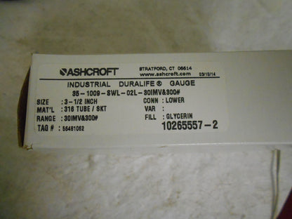 Ashcroft 3-1/2" Dial 1/4 Thread 30-0-300 Scale Range Pressure Gauge 83230