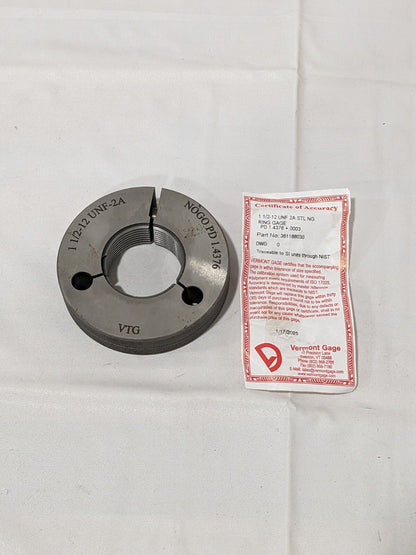 Vermont Gage Threaded Ring Gage: 1-1/2-12 Thread, UNF, Class 2A, No Go 361188030