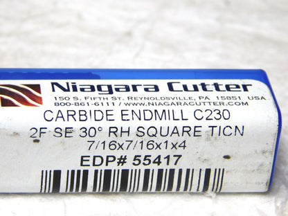 Niagara Cutter Solid Carbide Sq End Mill 7/16 Dia 7/16 Shk Dia 2Fl 4L N55417