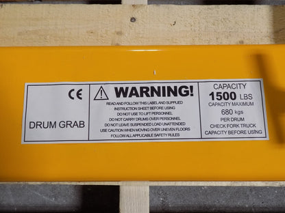 Forklift Mounted Drum Grab for Single 55 Gallon Drums 1500 lb. Max Capacity