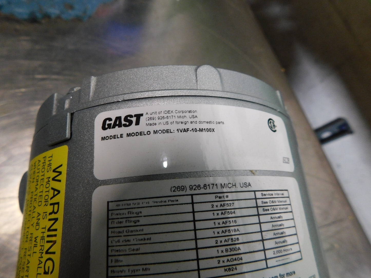 Gast Piston Vacuum Pump 1/6 hp 1.8 CFM 1VAF-10-M100X PARTS/REPAIR