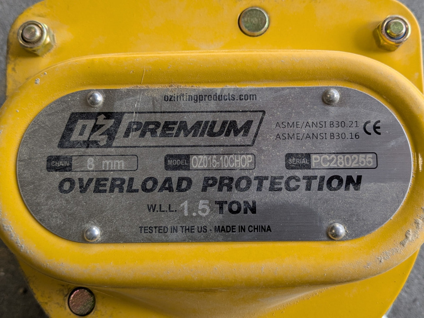 Oz Premium Manual Chain Hoist 3000 Lb. Capacity 10 Ft. Lift OZ015-10CHOP Used