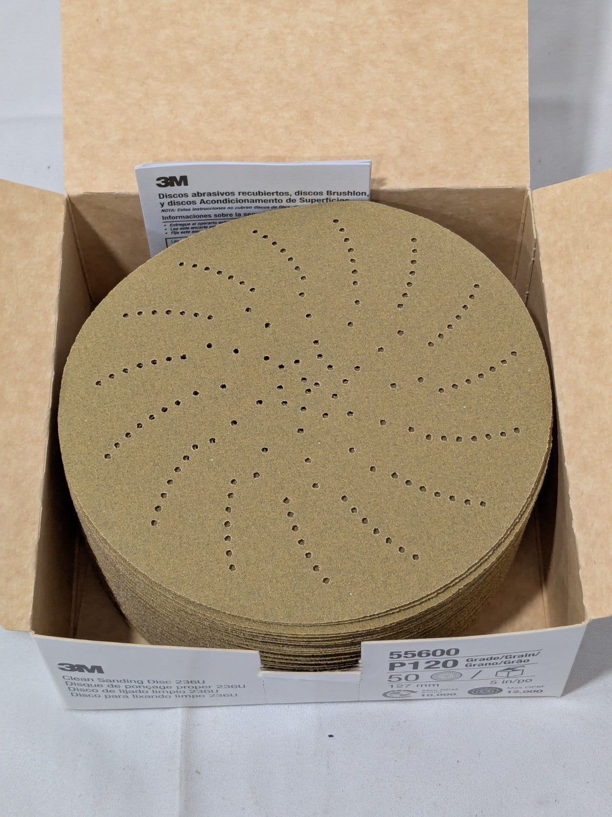 (50) 3M Hook & Loop Disc: 5" Dia, 120 Grit, Coated, Aluminum Oxide 7010029928