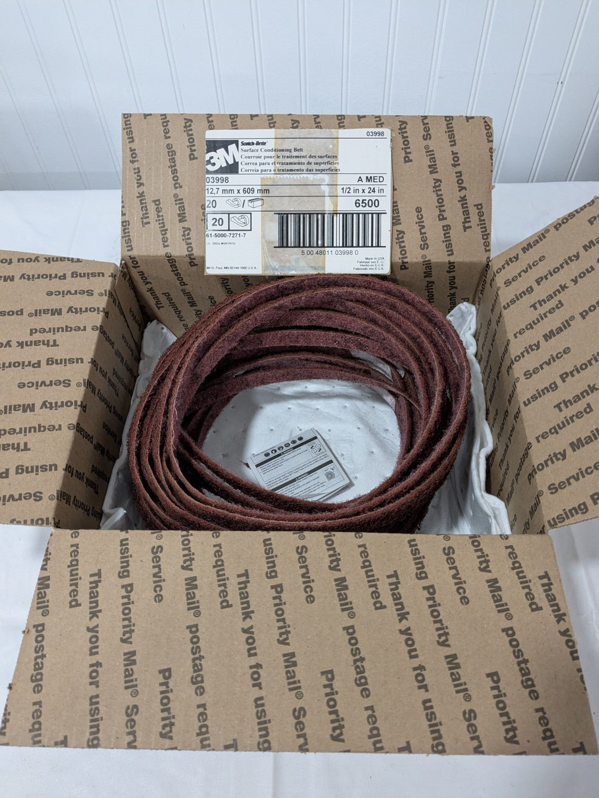 3M Abrasive Belt: 1/2" Wide, 24" OAL, Aluminum Oxide Box of 20 7000045943