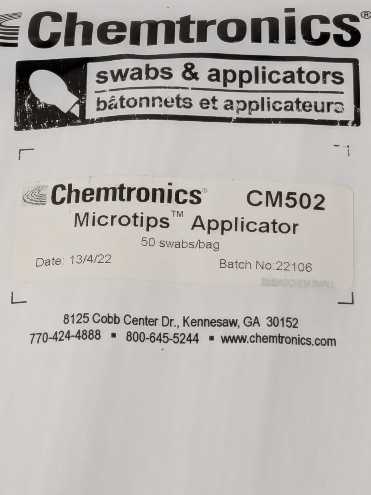 Chemtronics Swab, Single Head, 6.7" OAL, Microtip Series, 50/Pkg CM502
