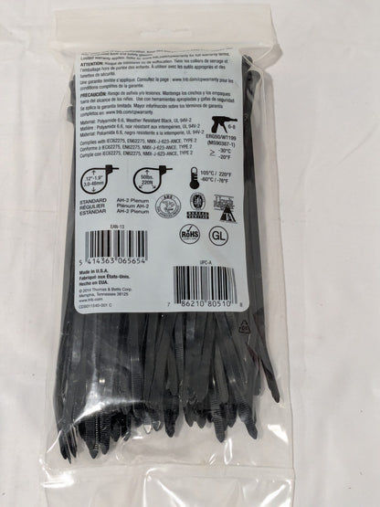 Thomas & Betts Standard Cable Tie: 7.31" Long, Black, Nylon Bag of 100 TY525MX
