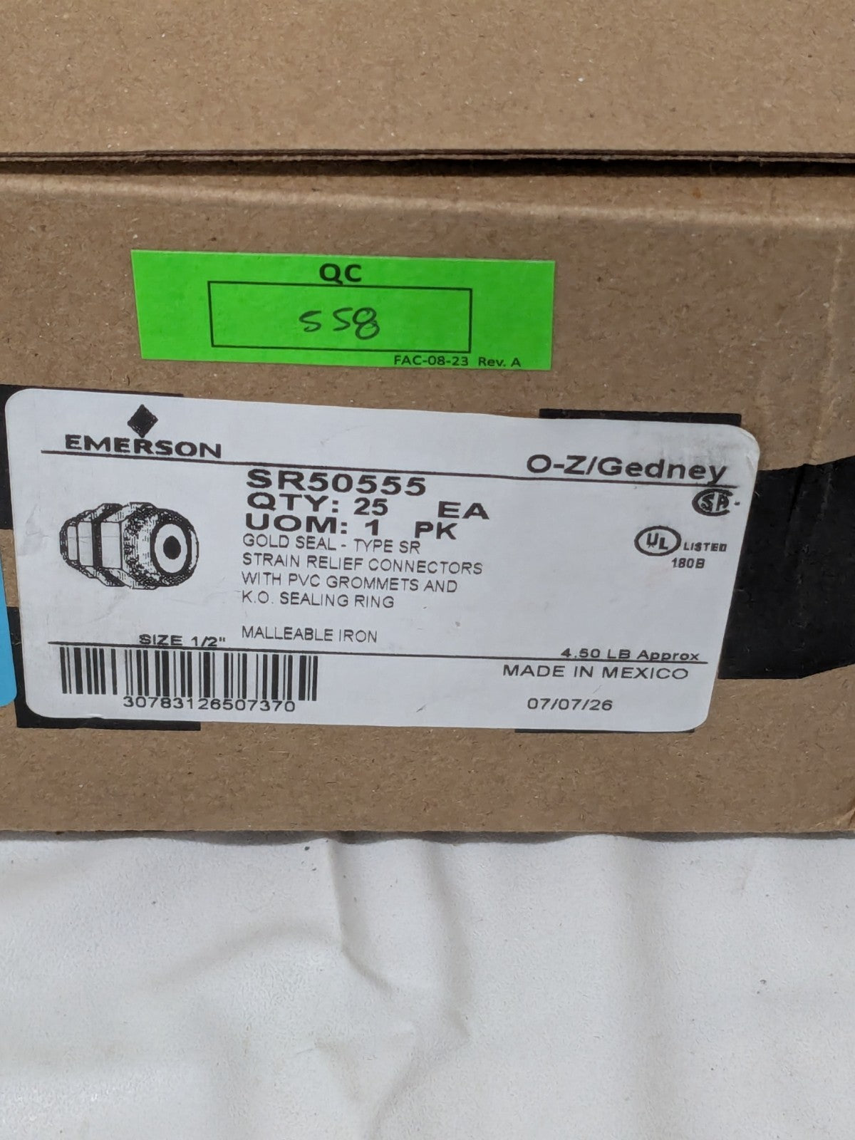 O-Z/Gedney Liquidtight Straight Strain Relief Cord Grip Box of 25 SR-505-55