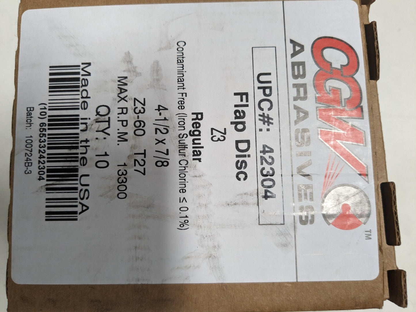 CGW 10pc Flap Disc: 4-1/2" Dia, 7/8" Hole, 60 Grit Type 27 Zirconia Alumina42304