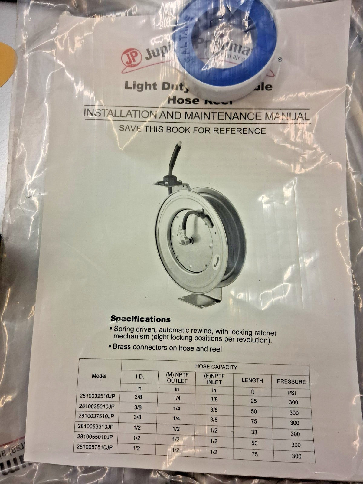 Jupiter Pneumatics Hose Reel with Hose 3/8" ID Hose x 50Ft 2810035010JP