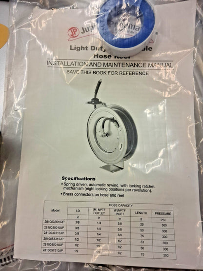 Jupiter Pneumatics Hose Reel with Hose 3/8" ID Hose x 50Ft 2810035010JP