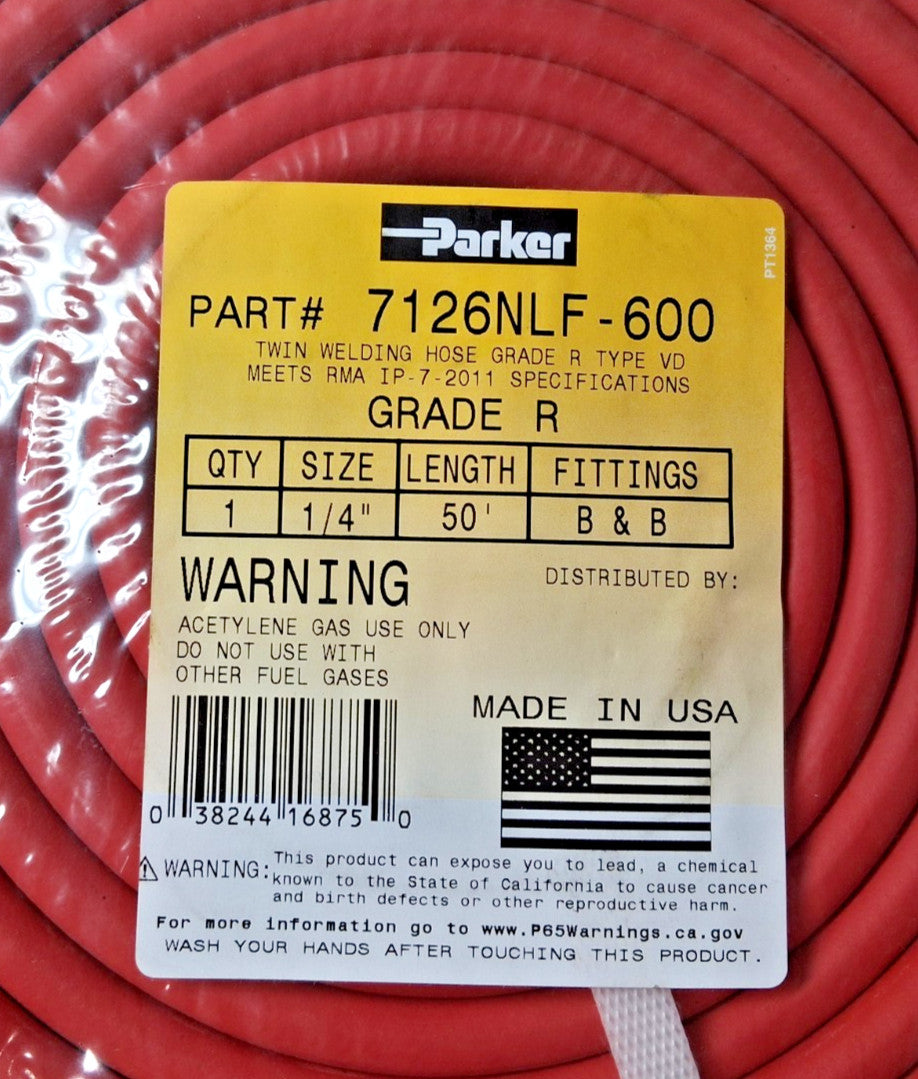 Parker EPDM Rubber Twin Line Welding Hose 1/4" ID 50' L B&B Fittings 7126NLF-600