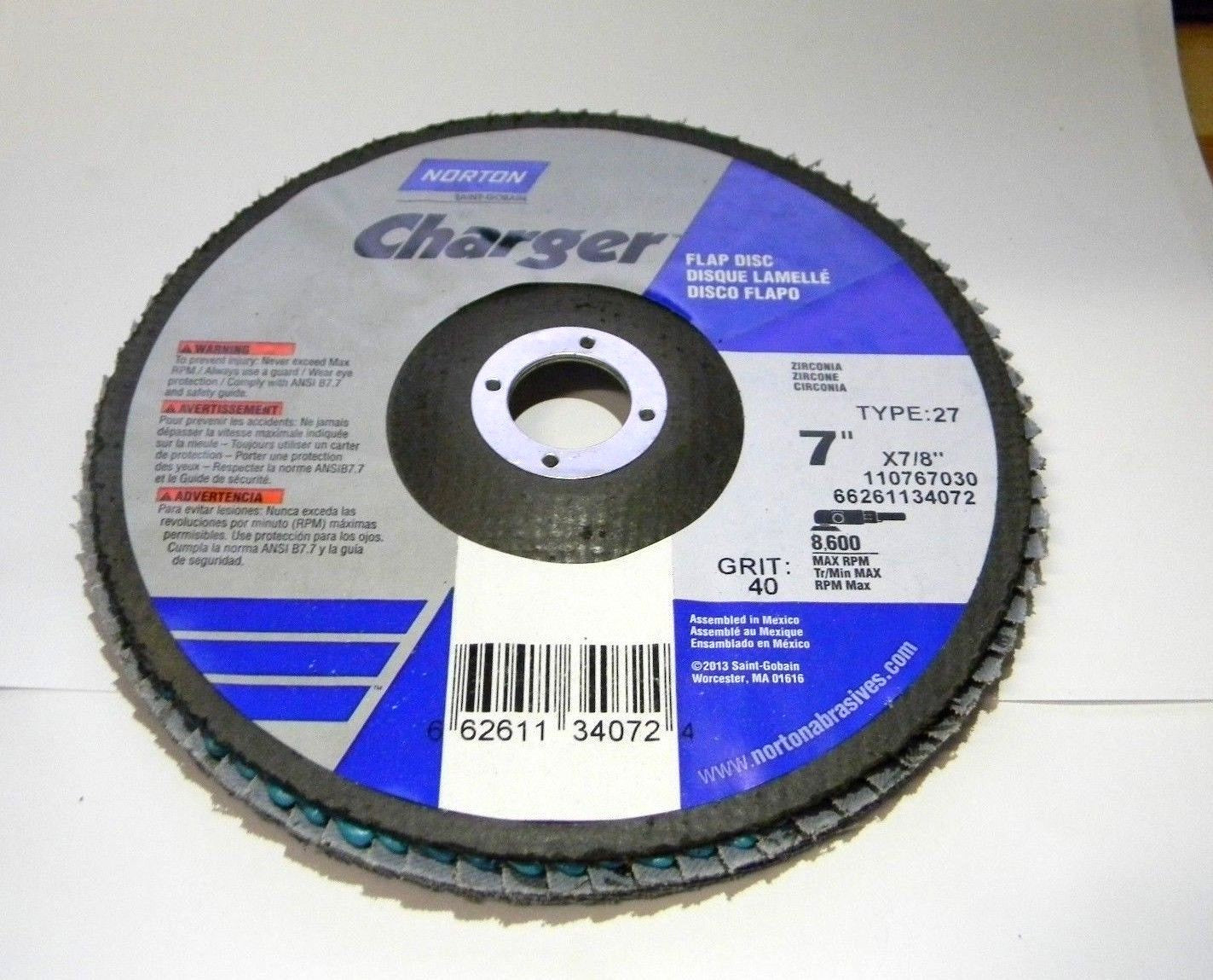 Norton Charger Zirconia Alumina Flap Discs 5Pk  7" x 7/8" 40 Grit 6626
