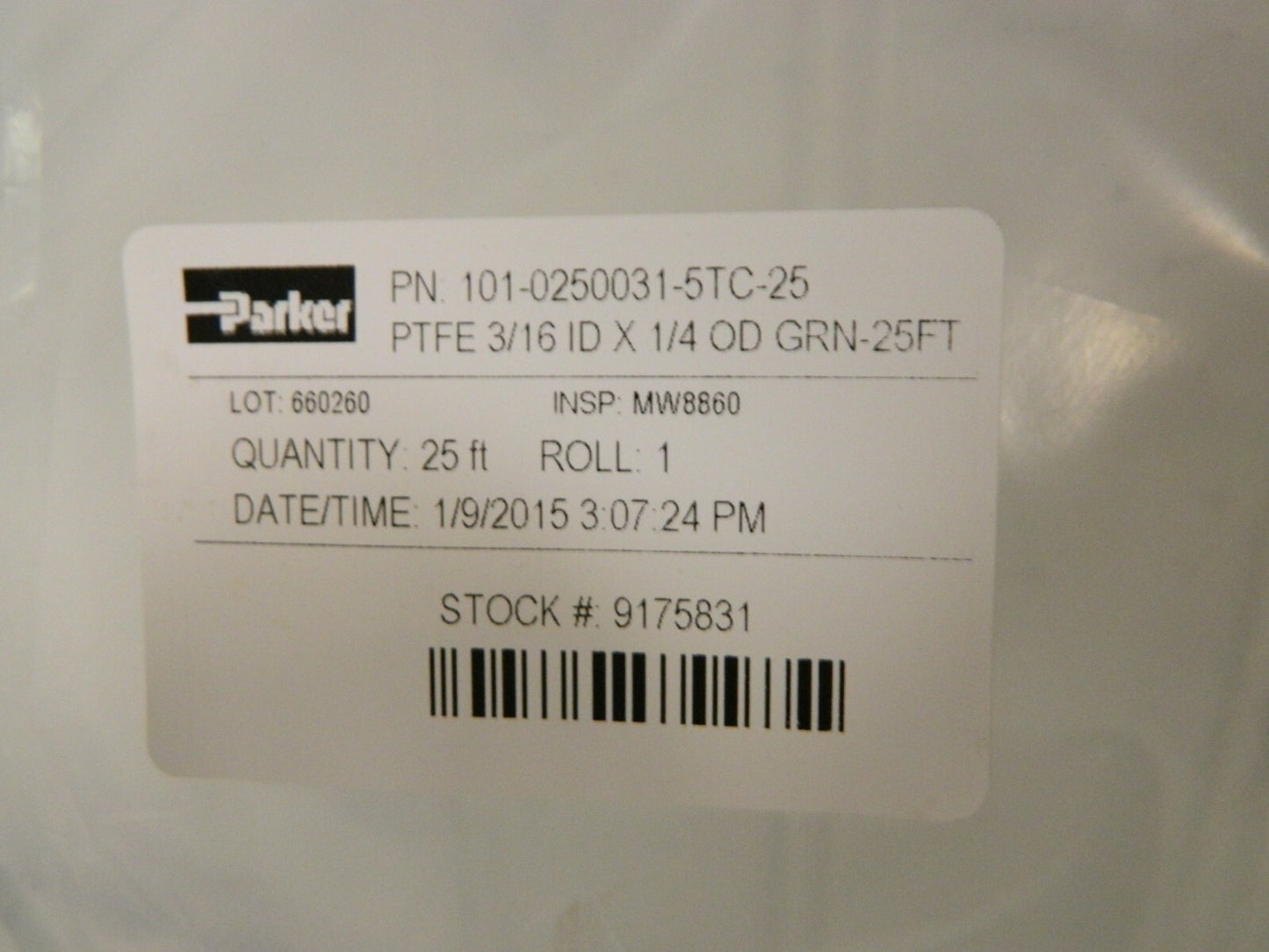 Parker PTFE Tube 3/16"IDx1/4"OD 0.031" Thickness 25' Long Qt