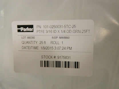 Parker PTFE Tube 3/16"IDx1/4"OD 0.031" Thickness 25' Long Qt