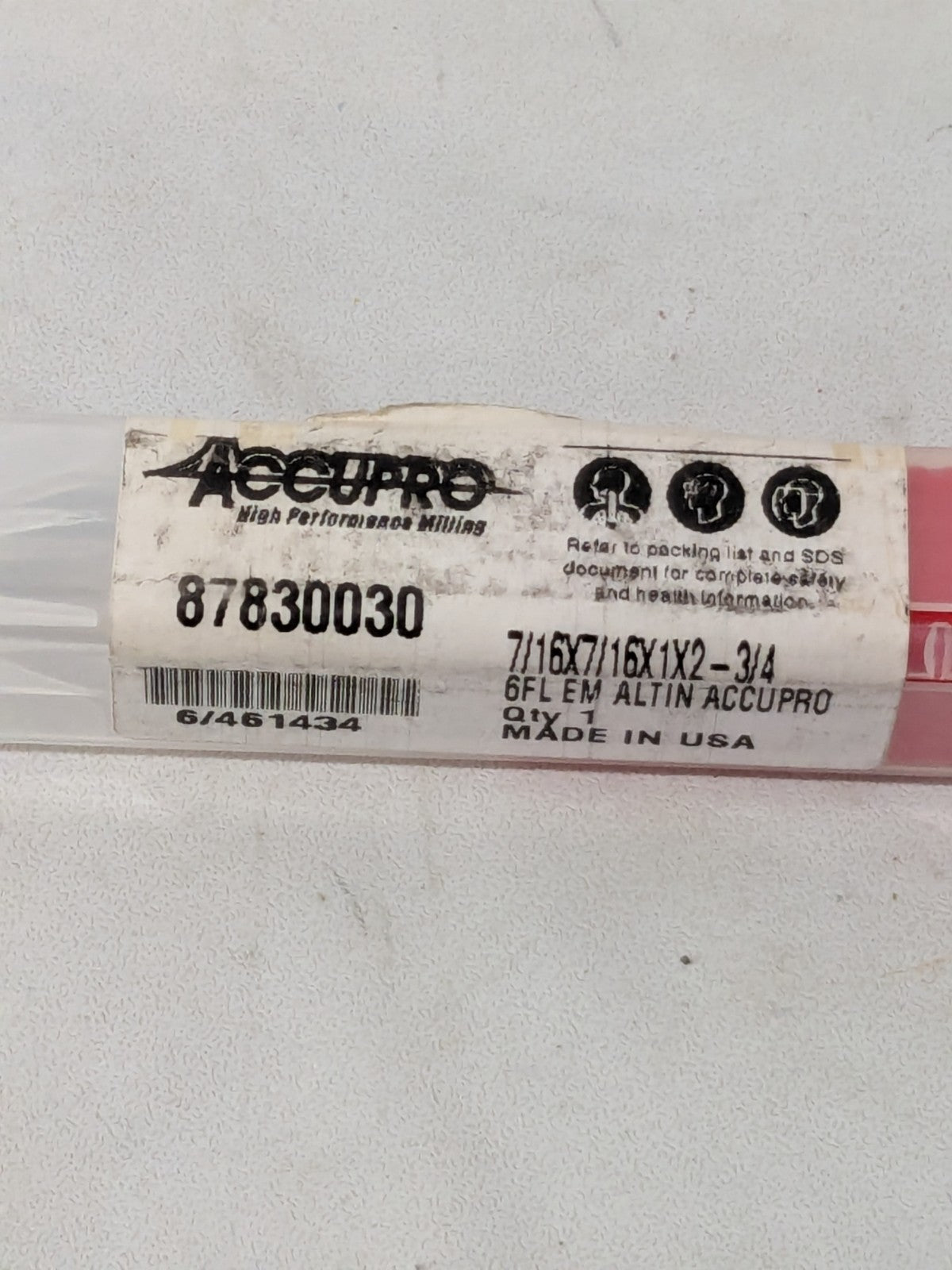 Accupro Square End Mill: 7/16" Dia, 1" LOC 2-3/4" OAL, 6 FL 87830030