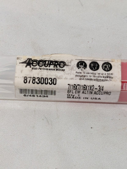 Accupro Square End Mill: 7/16" Dia, 1" LOC 2-3/4" OAL, 6 FL 87830030