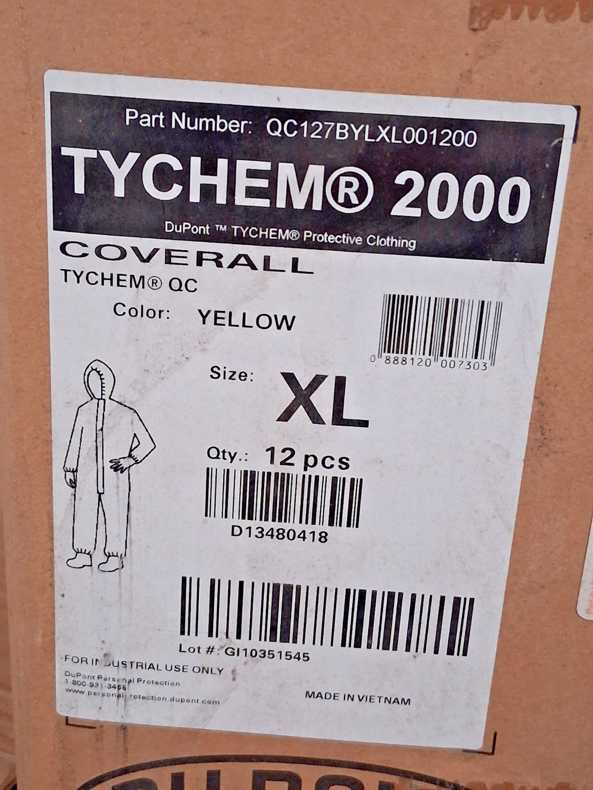 Dupont Chemical & Abrasion Protection Coveralls QTY12 SizeXL QC127BYLXL001200