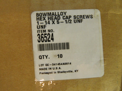 Bowmalloy Hex Head Cap Screw 1-14" Thread 5-1/2" L. Under Head Qty 10 36524