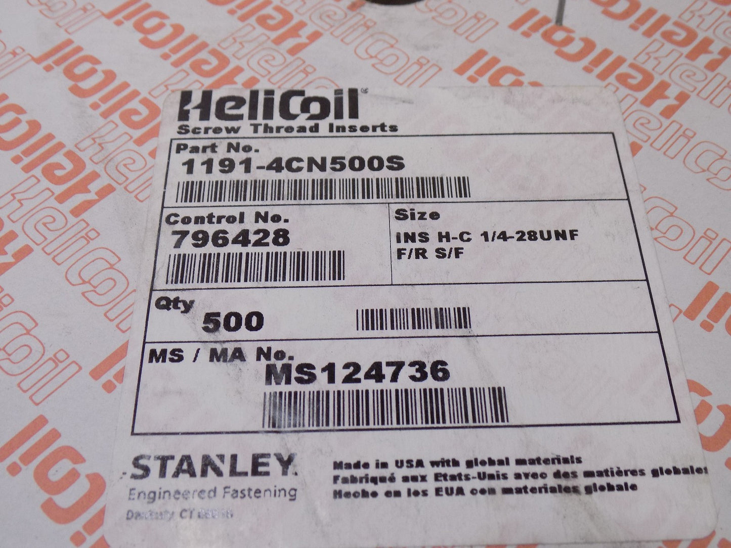 Heli-Coil Free Running Helical Insert 1/4" - 28 UNF 1/2" OAL 1191-4CN500