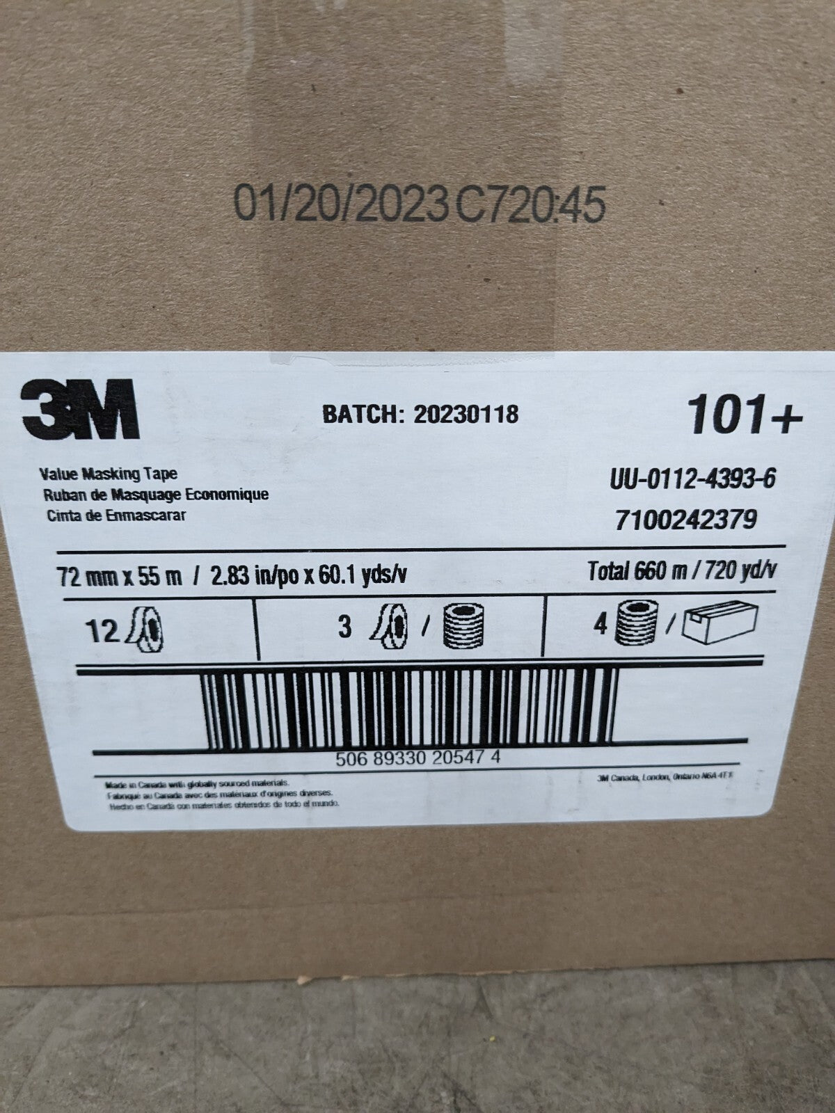 3M 101+ Tan Masking Tape - 72 mm Width x 55 m Length - Qty 12 Rolls 20547