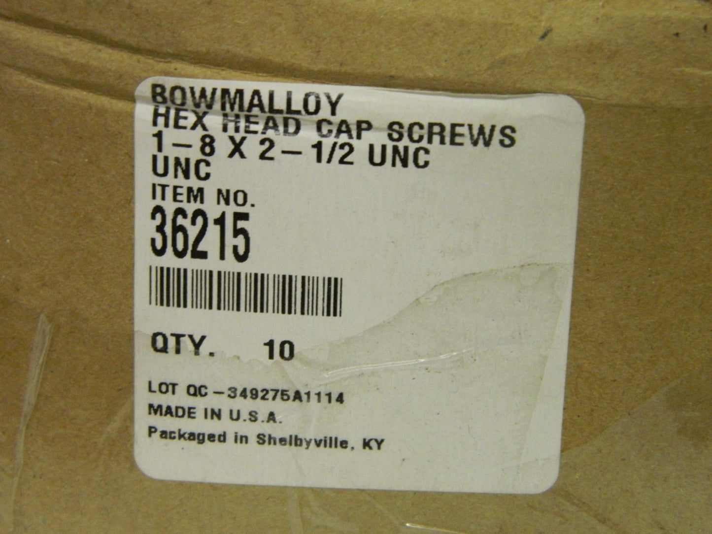 Fully Threaded Bowmalloy Hex Head Cap Screw 1-8 x 2-1/2" Box of 10 36215