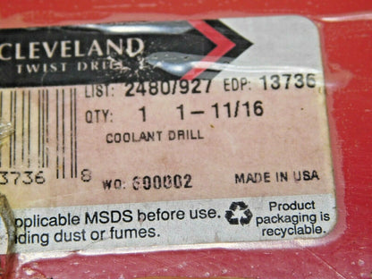 Cleveland Taper Shank Coolant Drill List 2480 1-11/16" Diam x 6-1/4" OAL 13736