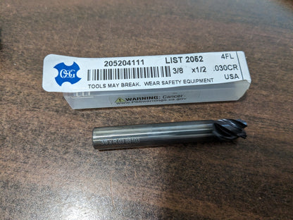 Corner Radius End Mill: 3/8 Dia, 1/2 LOC, 0.0300 Radius, 4 Fl 205204111