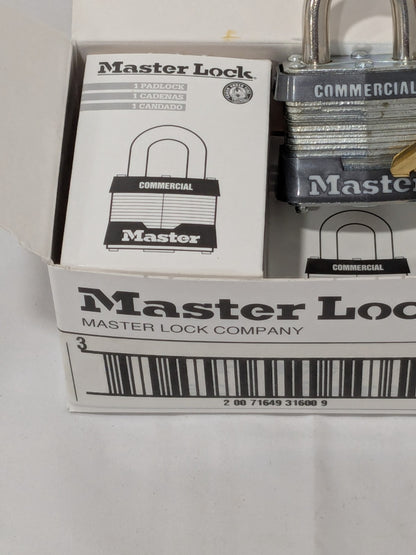Master Lock Padlock: Laminated Steel, Keyed Different, 1-9/16" Wide Box of