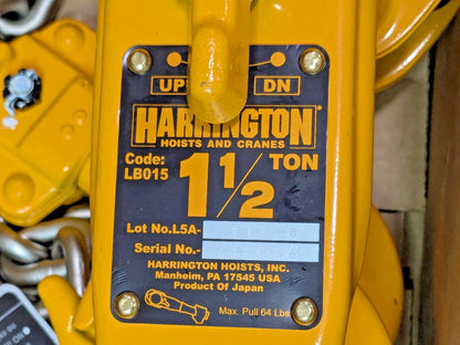 Harrington 1-1/2 Ton Lever Operated Chain Hoist 10 Ft Lift L5LB015-10
