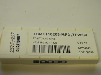 Seco Carbide Turning Inserts TCMT21.52 MF2 Grade TP2500 Qty 10 66898
