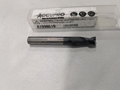ACCUPRO Square End Mill: 1/4" Dia, 3/8" LOC, 2 Flute, Solid Carbide 12181631