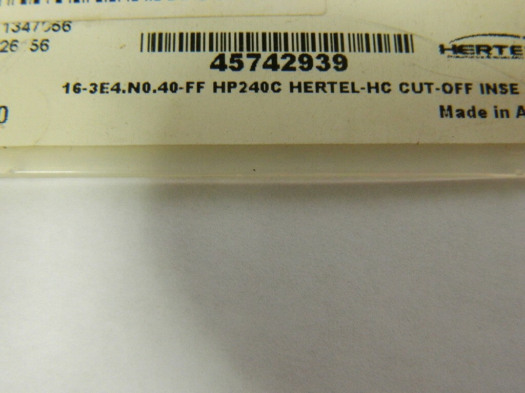 HERTEL 16 3E4.N0.40 FF HP240C Carbide Cutoff Insert PACK OF 10
