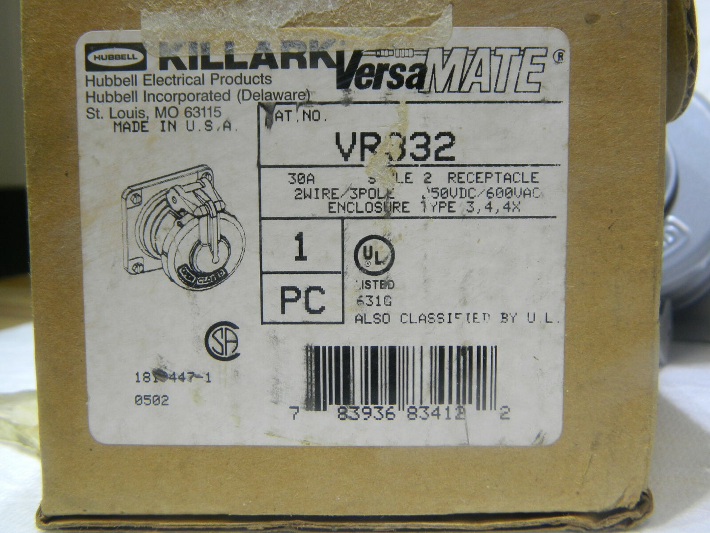 Hubbell Killark 1 Phase 250 VDC 600 VAC Self Grounding Receptacle VR332