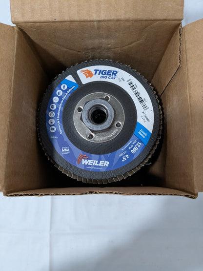 Weiler Flap Disc: 4-1/2" Dia, 40 Grit, Zirconia Alumina, Type 27 Box of 10