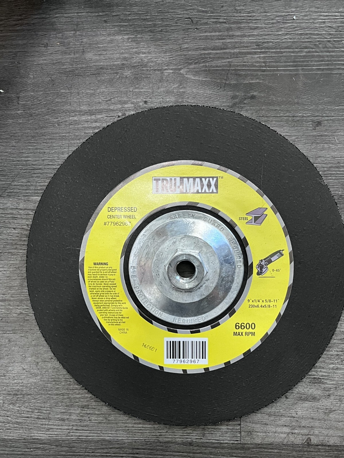 Tru-Maxx Depressed-Center Whee: Type 27 9" Dia 1/4" Thick 5/8-11 Hole, Alum OX