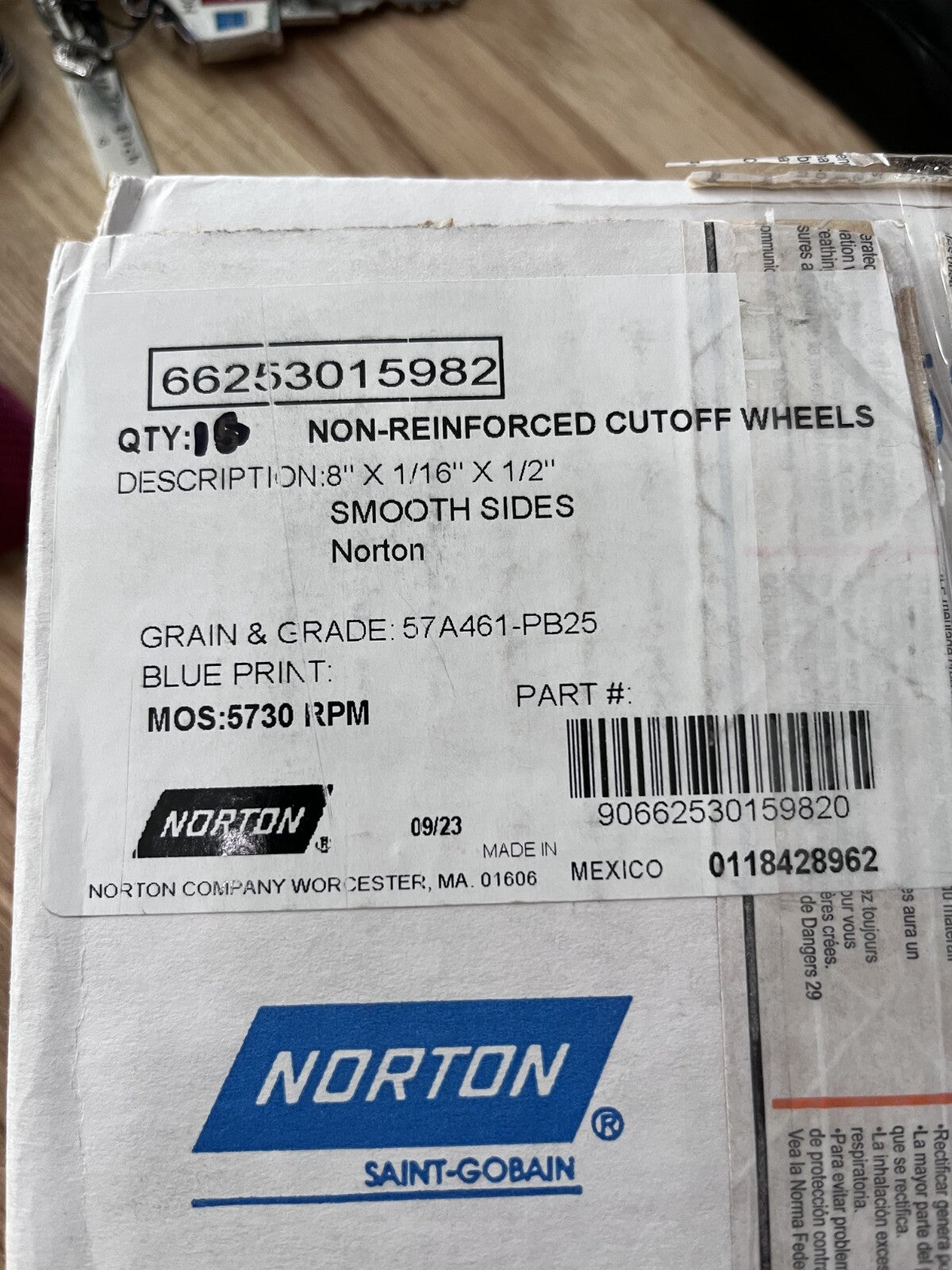 Norton 8X1/16X1/2" CUTOFF WHEEL QTY 10 66253015982
