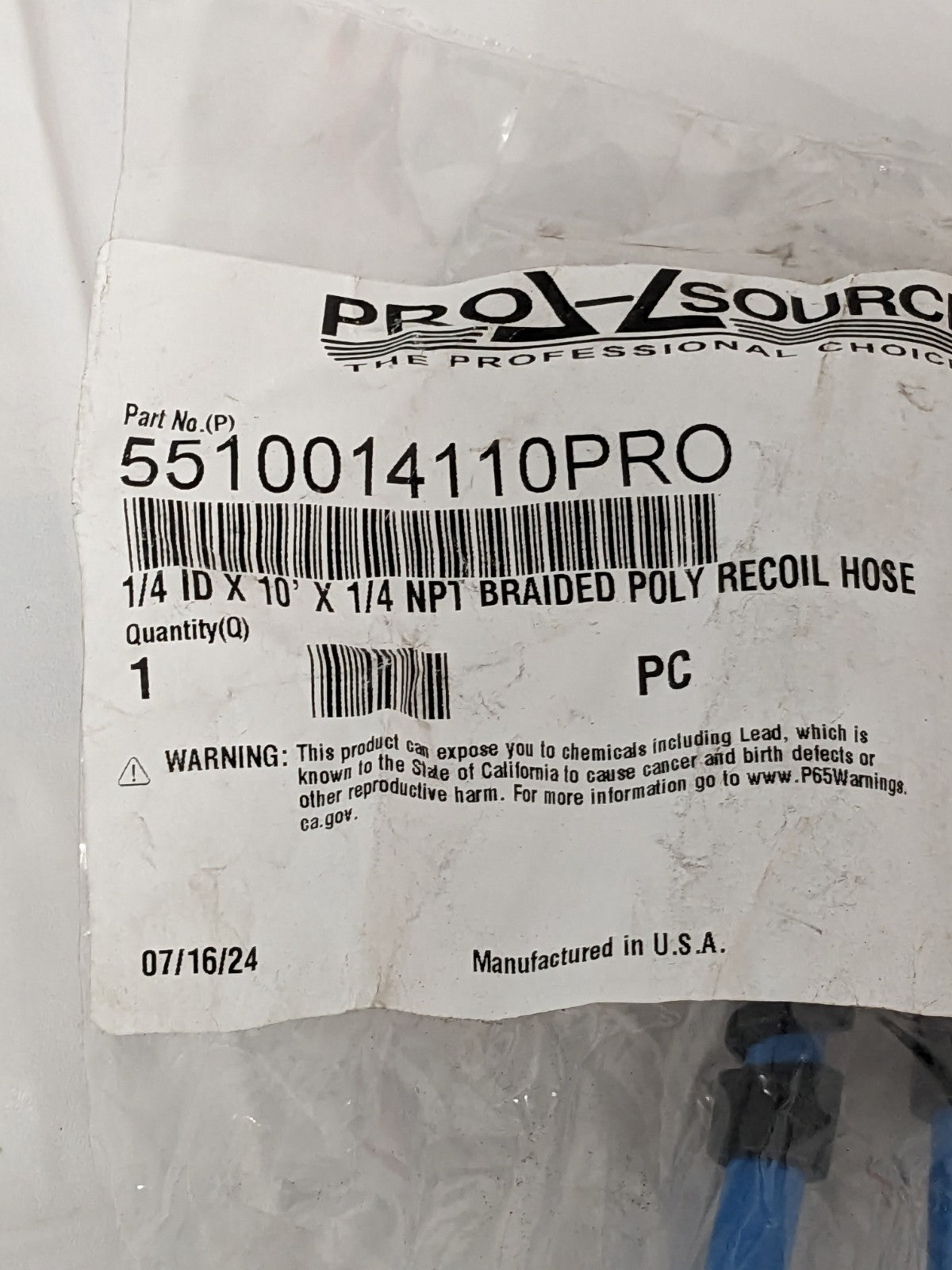 Pro Source 1/4" I.D. x 10' x 1/4" NPT Braided Poly Recoil Hose 5510014110PRO