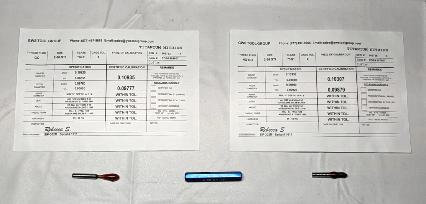 2-56 Thread  HSS  Class 3B  Screw Thread Insert   Go/No Go Set  90767-000