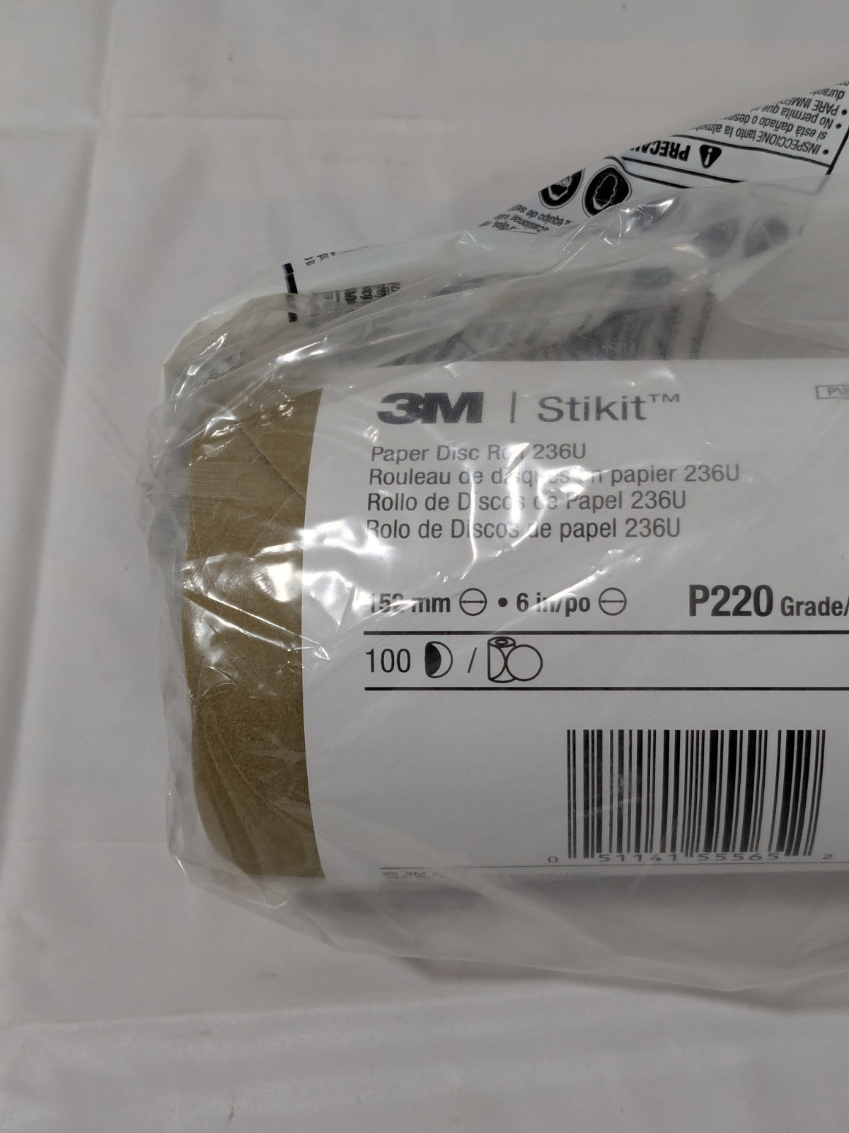 3M 6" Dia PSA Disc Roll: 220 Grit, Aluminum Oxide Roll of 100 7000119556