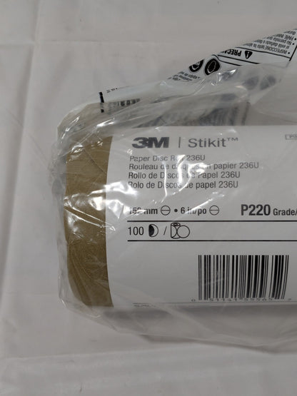 3M 6" Dia PSA Disc Roll: 220 Grit, Aluminum Oxide Roll of 100 7000119556