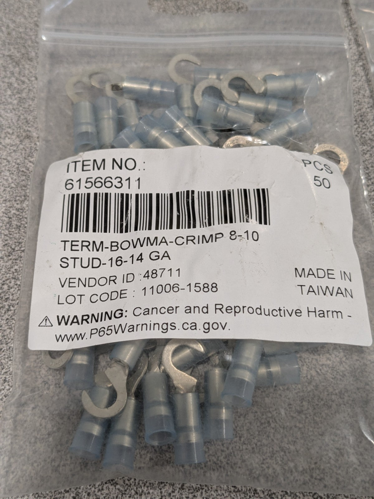 Hook Ring Terminal: 16 to 14 AWG, Crimp Connection Qty 100 61566311