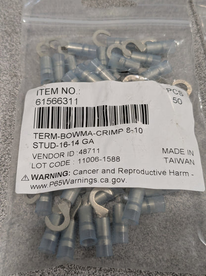 Hook Ring Terminal: 16 to 14 AWG, Crimp Connection Qty 100 61566311