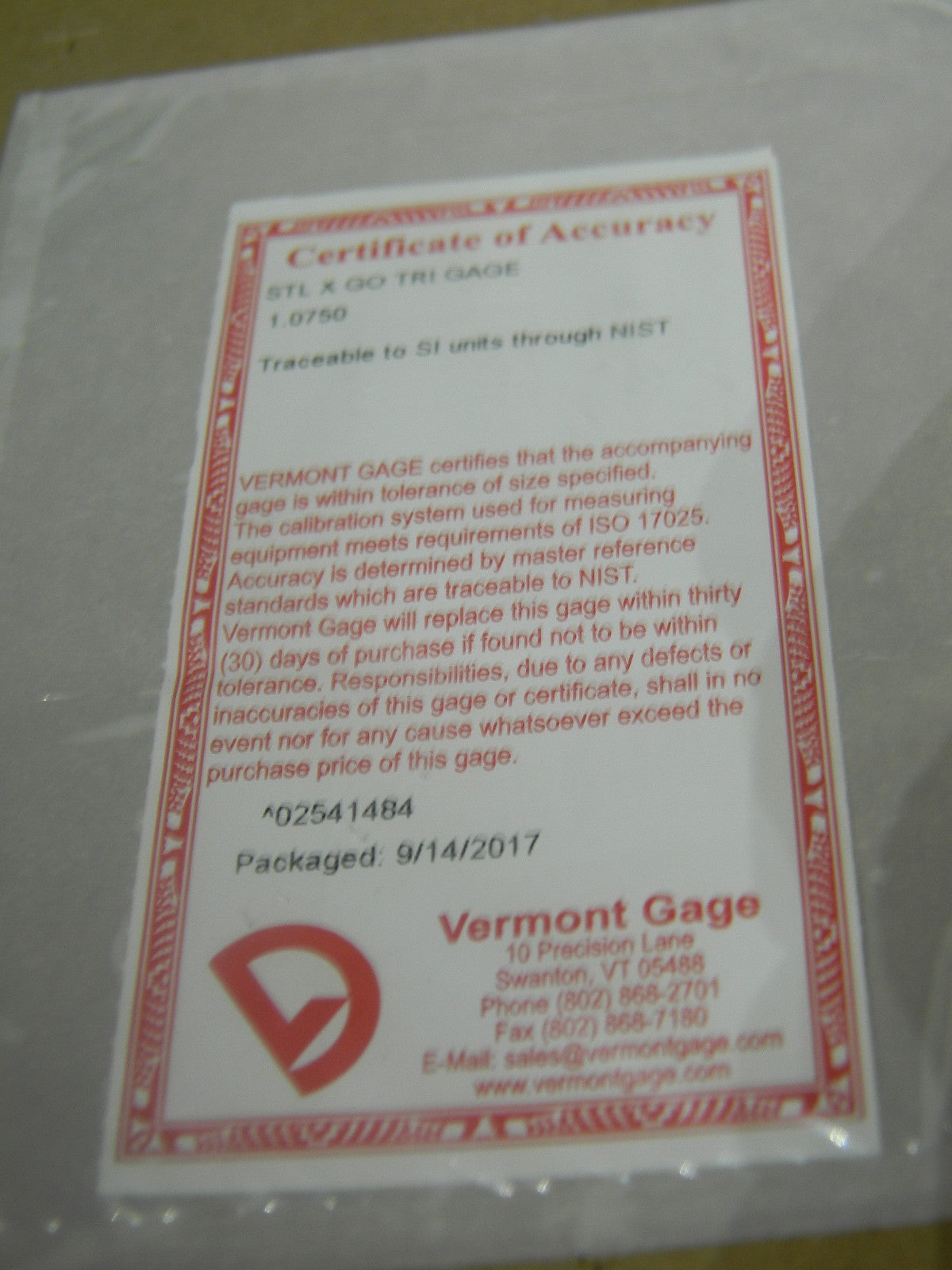 Vermont Gage Class X Plus Steel Pin Gage Go 1.0750 Plus Tolerance 191203110