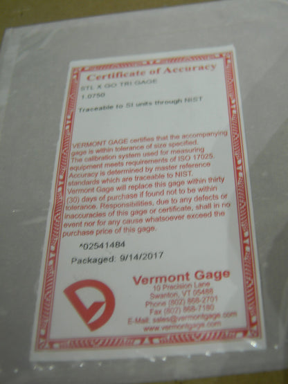 Vermont Gage Class X Plus Steel Pin Gage Go 1.0750 Plus Tolerance 191203110