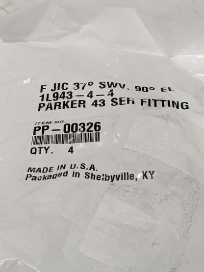 PARKER Hydraulic Hose 90 ° Elbow: 0.25" ID, 4 mm, 7/16-20 Qty 4 PP-00326