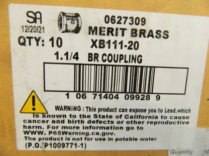 Merit Brass Pipe Coupling 1-1/4" Fitting FBSPT x FBSPT Class 125 Qty 10 XB111-20