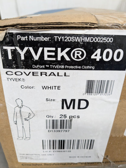 DUPONT Disposable Coveralls: Particle Protection Qty 25 Sz Med TY120SWHMD002500