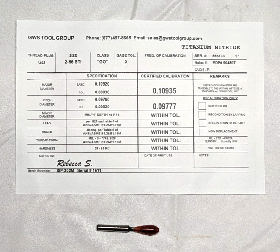 2-56 Thread  HSS  Class 3B  Screw Thread Insert   Go/No Go Set  90767-000