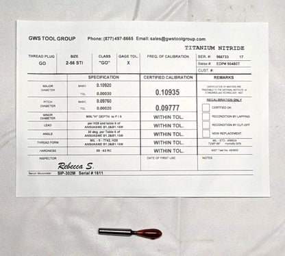 2-56 Thread  HSS  Class 3B  Screw Thread Insert   Go/No Go Set  90767-000